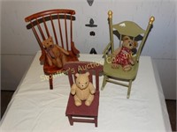 Three small doll chairs with a bear for each