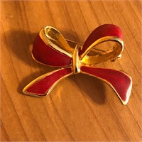 AAi Gold Tone & Enamel Red Bow Brooch Pin