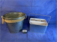 Metal Silverware Caddy & Tub w/Rope Accents,