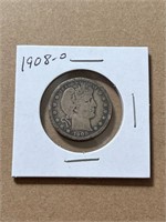 1908 O Barber Silver Quarter