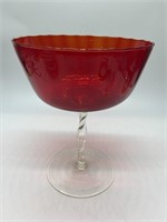 10.5in Art Glass Red & Clear Pedestal Bowl