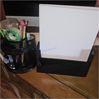 Desk organizer, paper, Macally keyboard and