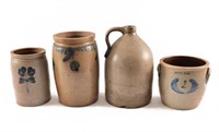 (4) Cobalt Slip Decorated Stoneware Crocks & Jug