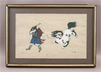 Tibetan Framed Watercolor on Paper Signed