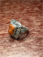 Orange Stone Sterling .925 Silver Square Ring