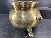 ANTIQUE LARGE BRASS FOOTED LIONS HEAD PLANTER