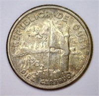 CUBA: 1952 Silver 10 Centavos AU