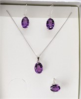 3 Pc. Sterling Silver, Oval Amethyst Solitaire Set
