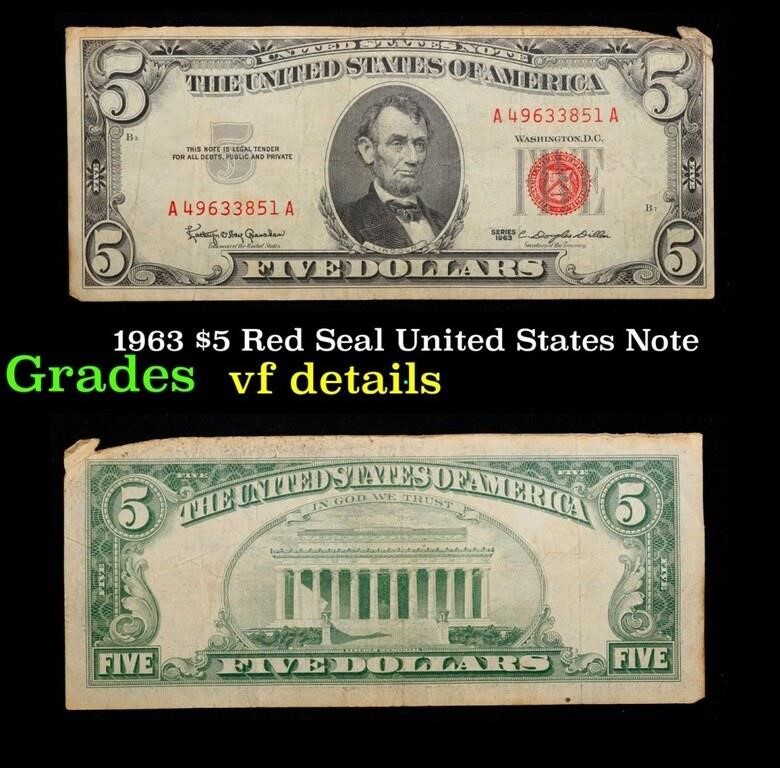 1963 $5 Red Seal United States Note Grades vf deta