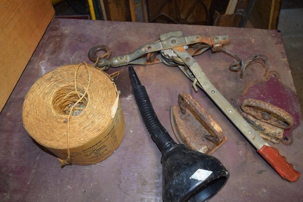 Antique Irons, Twine, Funnel & Come Along