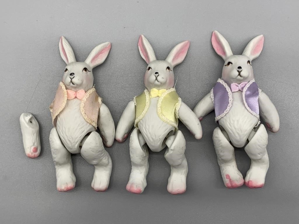 Bisque Porcelain Jointed Bunny Figurines