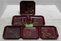 6 lacquerware plates, handmade in Occupied Japan