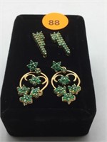 2 PAIR STERLING SILVER EARRINGS WITH GREEN GEMSTON