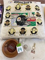 Steelers pillow, sticker, keychain, bowl