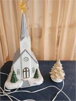 Lighted Ceramic Church and a lighted Tree.