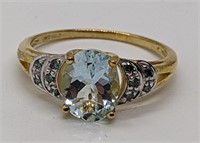 14 Kt Yellow Gold Blue Topaz & Blue Diamond Ring