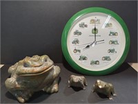 John Deere Wall Clock and 3 Ceramic Frogs