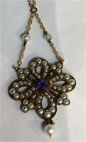 10k Gold Pendant Necklace, Seed Pearls, Blue Stone