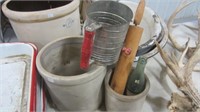 2 SMALLER STONE JARS, WOODEN ROLLING PIN & SIFTER