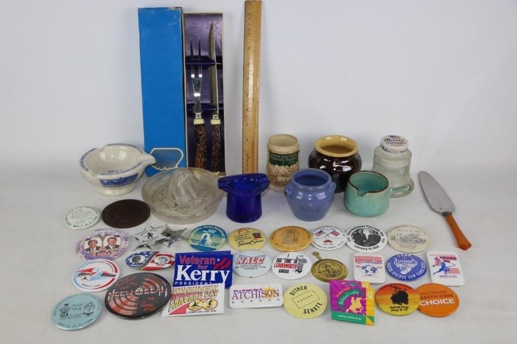Lot of Pin Backs, Vintage Glassware & Pottery