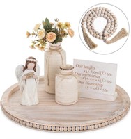 17IN WHITE WASHED WOOD DECORATIVE BEADED TRAY