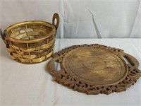 Round Carved Wood Tray And Basket