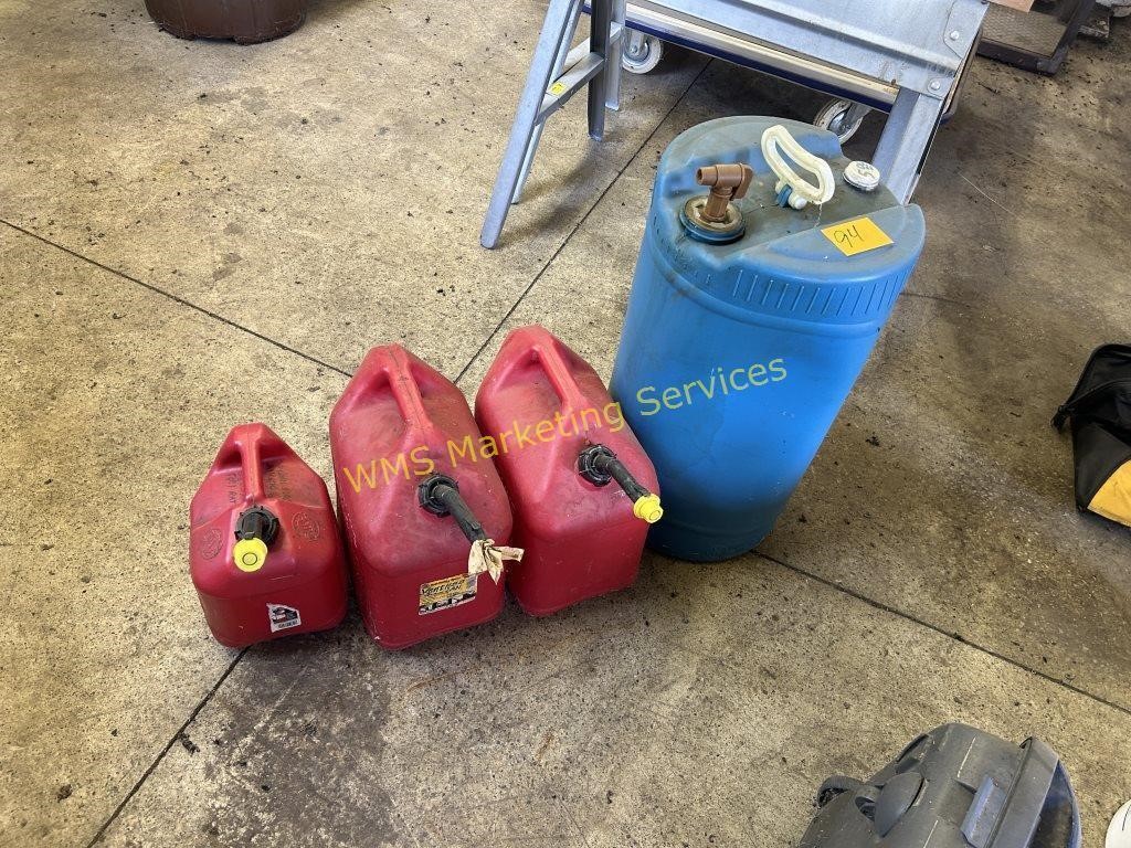 3 Fuel Cans, Plastic Barrel with Used Oil