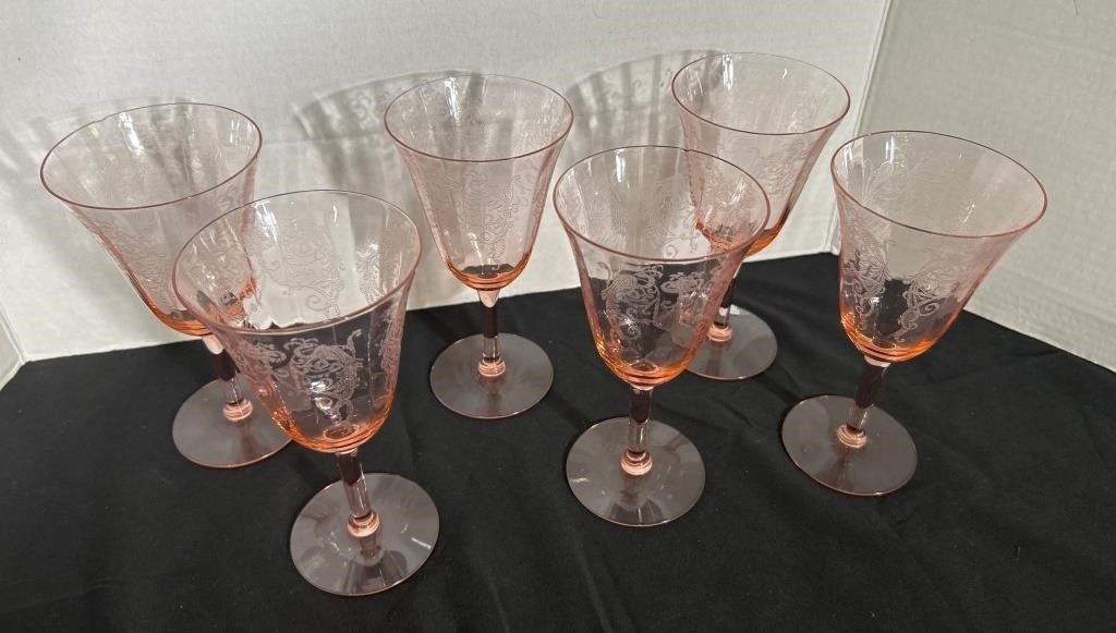 (6) Peach Depression Etched Glasses  3