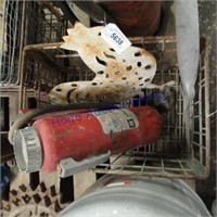 Wire milk crate, extinguisher,chicken metal cutout