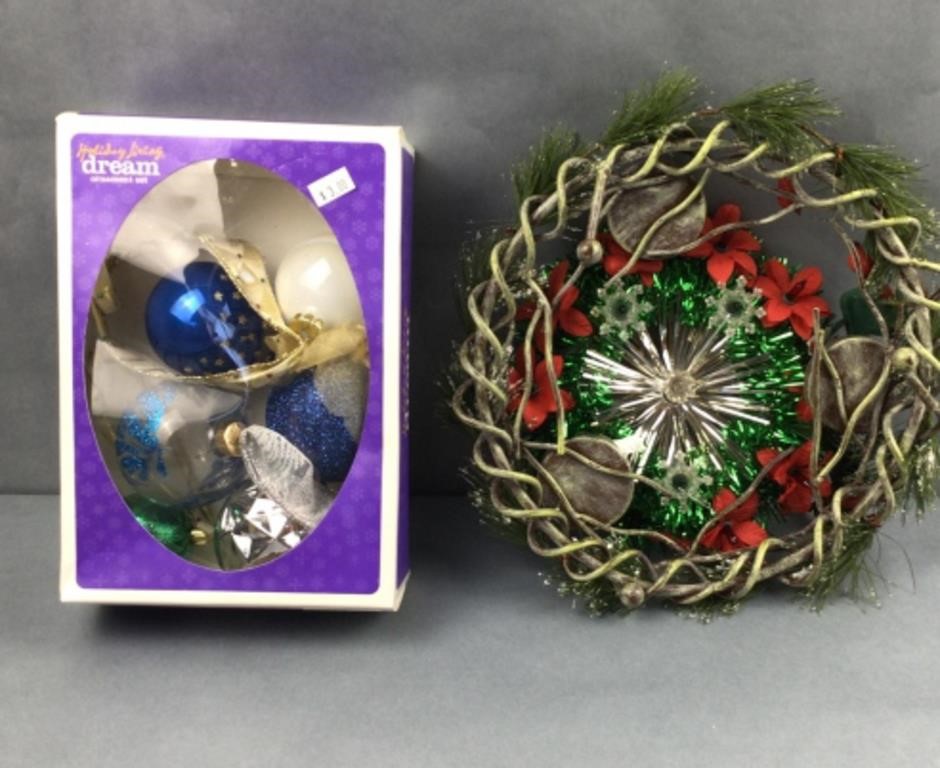 Vintage Christmas Ornaments and wreath