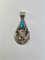 Sterling Native Turquoise Buffalo Pendant 12 Grams