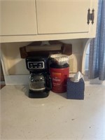Coffee pot, coffee, filters, Kleenexes, wooden