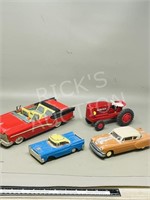 4 vintage toy cars & tractor - some damage