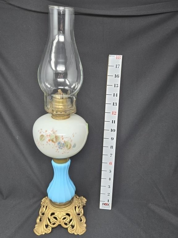 Blue Milk Glass Base Parlor Oil Lamp