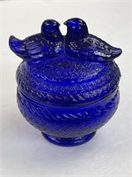 Cobalt Blue Glass Love Birds Covered Trinket Dish
