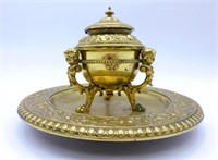 Neo Renaissance Brass Inkwell Mounted on Tray.