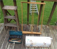 Step stool, clothes drying rack, tools, misc