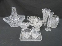 10 PCS CRYSTAL VASES, CREAMERS, BRIDAL BASKET, ETC