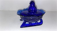 Westmoreland cobalt blue Santa in sleigh dish