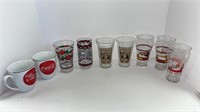 (2) Coca-Cola mugs, (7) various glasses