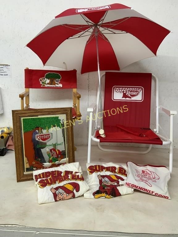 2 KEEBLER CHAIRS  TEE SHIRTS  UMBRELLA  PICTURE