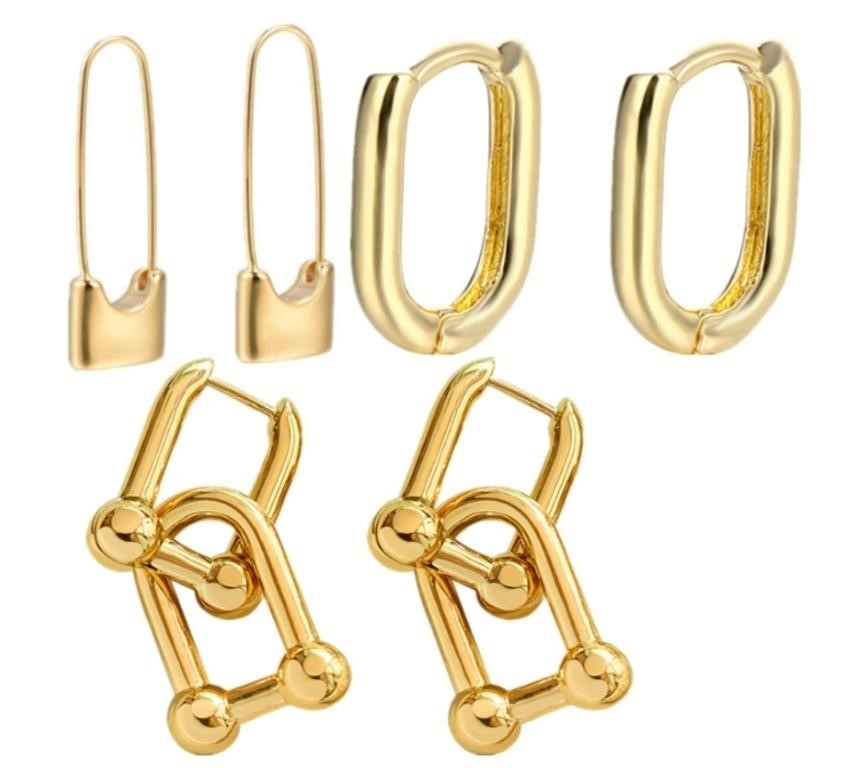 (New)3 Pairs 14k Gold Plated Safety Pin Earring
