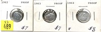x4- Roosevelt Proof dimes: 1962-1964 -x4 dimes-