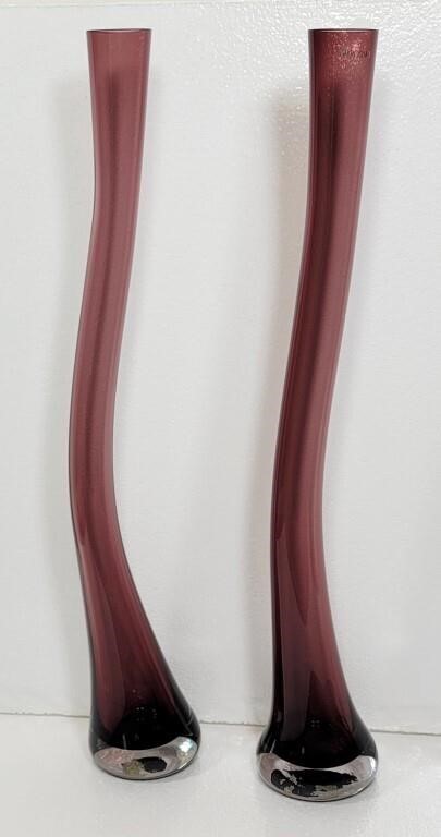 Pair of Unique Tall Plum Colored Glass Vases