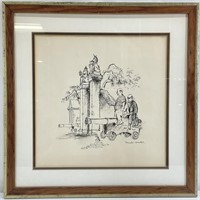 Vintage Signed Original Ink Drawing Illustration