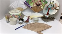 Asian fans and trinket dishes, Lenox flower