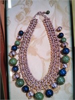 HEAVY GOLD & GREEN BEAD CHOKER TYPE NECKLACE