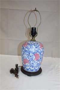 Table lamp, wood base, ceramic body, 18.5"H