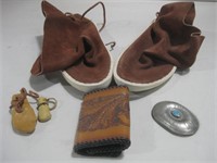 Moccasins, Belt Buckle, Tooled Wallet & Pouch