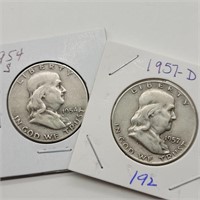 1954 S & 1957 D FRANKLIN SILVER HALF DOLLARS